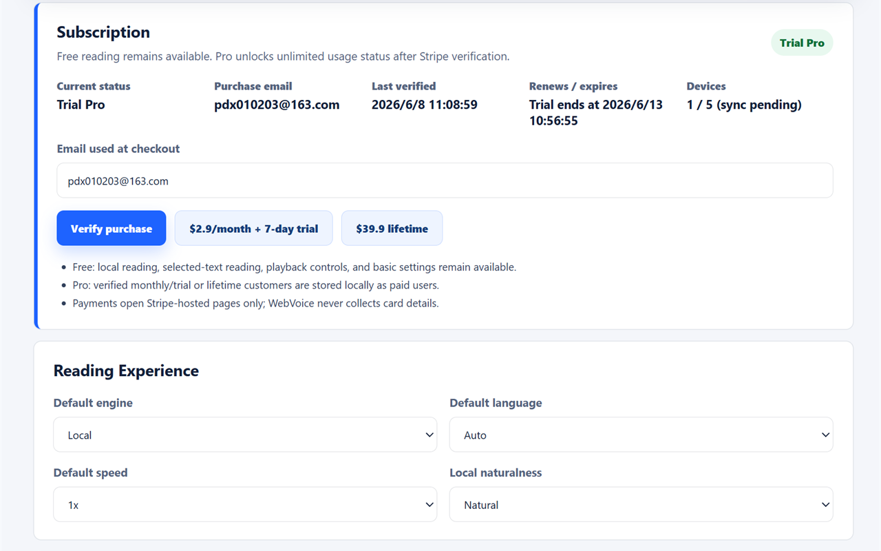 Settings and subscription
